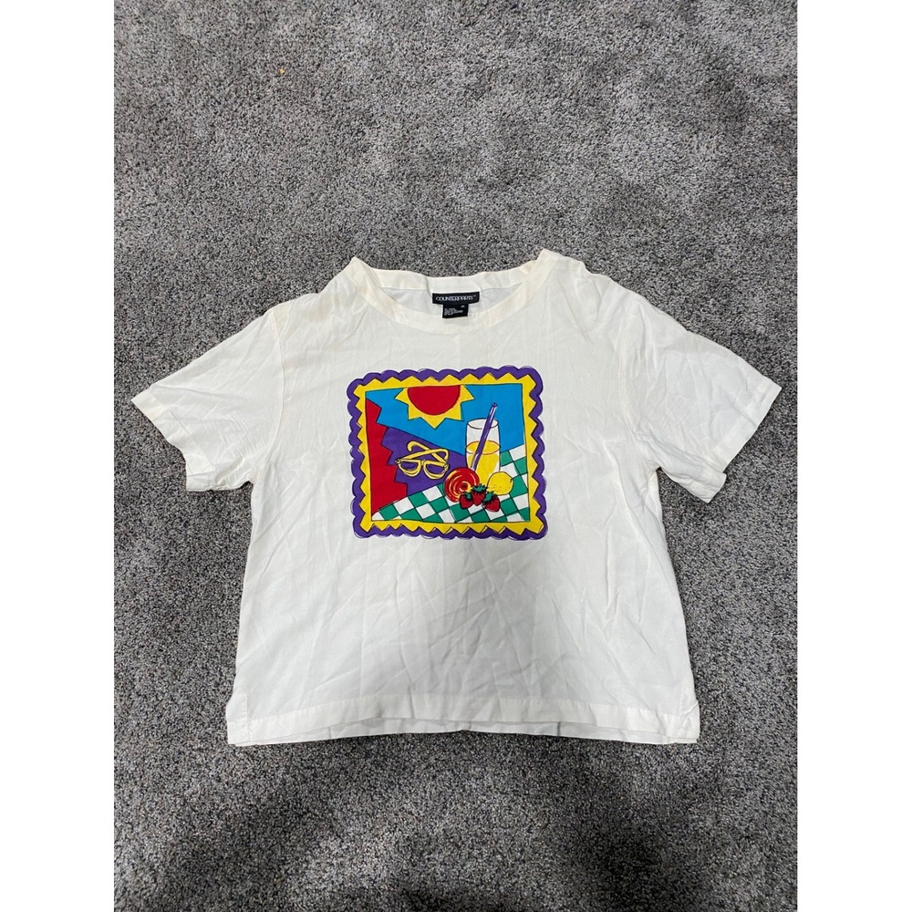 Vintage‎ Counterparts White Rayon Graphic T-Shirt Pop Art Summer Scene Womens M